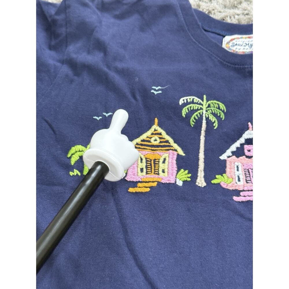 Vtg 90s Swan Magic Hand Embroidered Tropical Houses T-Shirt Dress Navy S/M - Picture 12 of 13